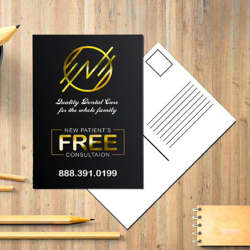 Raised Foil Postcards | Vertical Rectangle Gold Raised Foil On Front side with Premium Gloss (16pt C2S) paper stock and Velvet Soft Touch Lamination Medical Dental Doctor Foil Postcards | PrintMagic