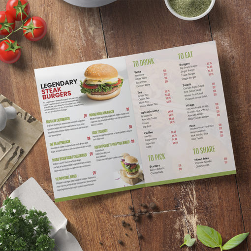 Dine In Menus Half Fold Premium Stock Restaurant cafe meal delivery fast food custom take out economical branding promotion | PrintMagic