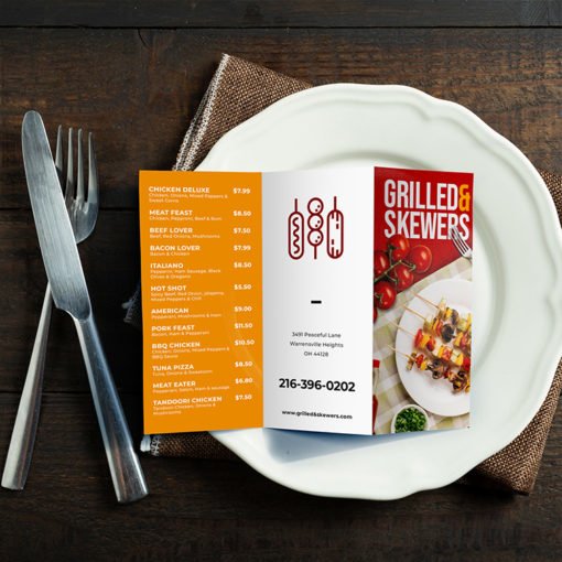 Custom Pocket Menus | Pocket Menu Z Fold with Standard Gloss Text-80lb and UV Coating Both Sides and printed Full color front only | Printmagic