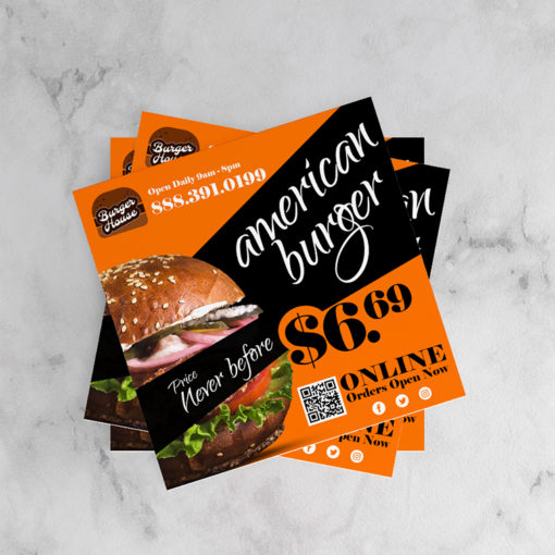 Velvet Soft Touch Postcards | Square Premium Gloss (16pt C2S) paper stock printed on Front Sides with Velvet Soft Touch Lamination Food Restaurant Offers Postcards | PrintMagic