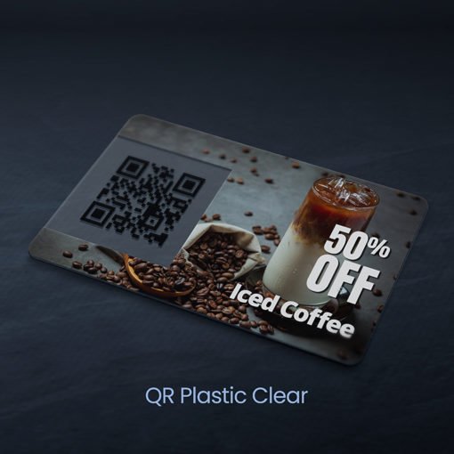 Plastic Postcards | Horizontal Rectangle Round Corner Clear Plastic 20pt. Paper stock Printed front only QR Coffee Shop Plastic Postcards | PrintMagic