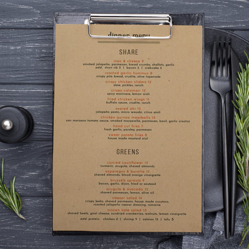Recycled Paper Brown Kraft Menus Flat Premium Stock Restaurant cafe meal delivery fast food custom take out economical branding promotion | PrintMagic