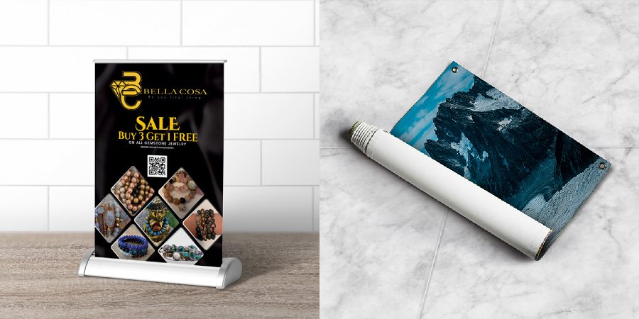 Choose the right finishing options for easy Banner installation 4 Tabletop Mini Retractable Banners | Small-sized graphic display stand And Lightweight and durable design for easy transport | Print Magic