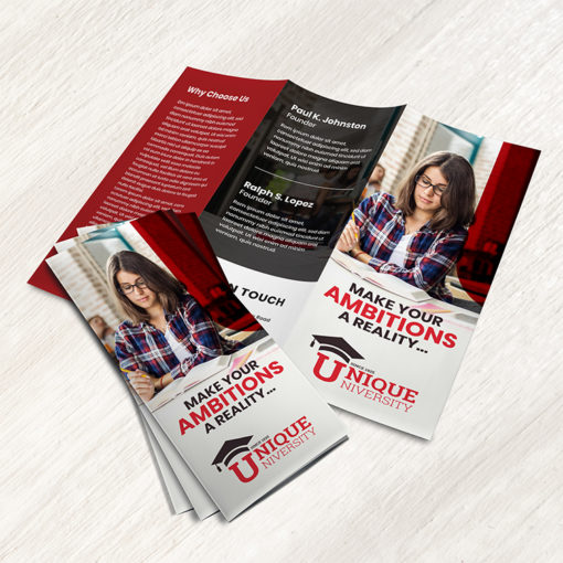 College Tri-Fold Brochure | College Tri-Fold Brochure printing with Durable, long-lasting UV coating and Brochure opens up like a gate on either side | Print Magic