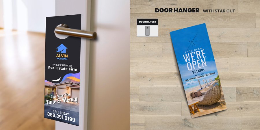 Real Estate Door Hangers | Standard, Premium paper stock with UV or Aqueous coating With 3 die-cut options and add perforation at the bottom | Print Magic