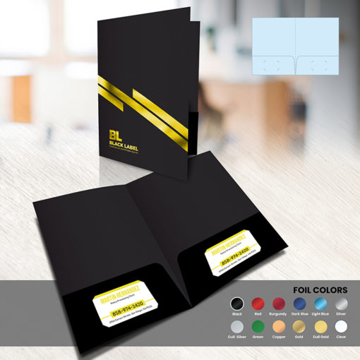 Black linen with Gold Foil Two Pocket Left & Right Side Slits on Both Pockets Colored Stock Real Estate smooth texture finish afforadable Presentation Folder | Printmagic