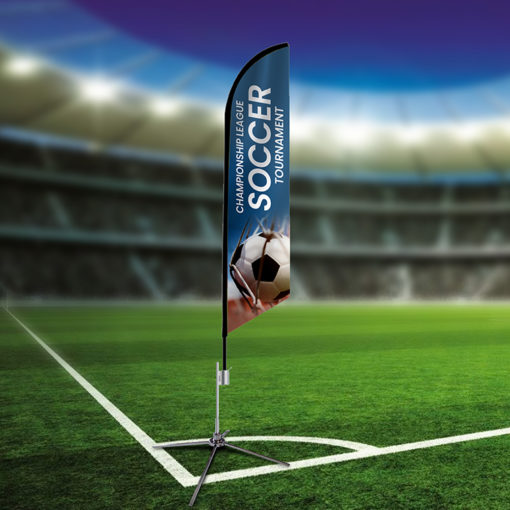 Custom Sports Angled Feather Advertising Flag for Marketing displays printed on durable Polyester fabric. retail outlets, real estate agencies | Printmagic